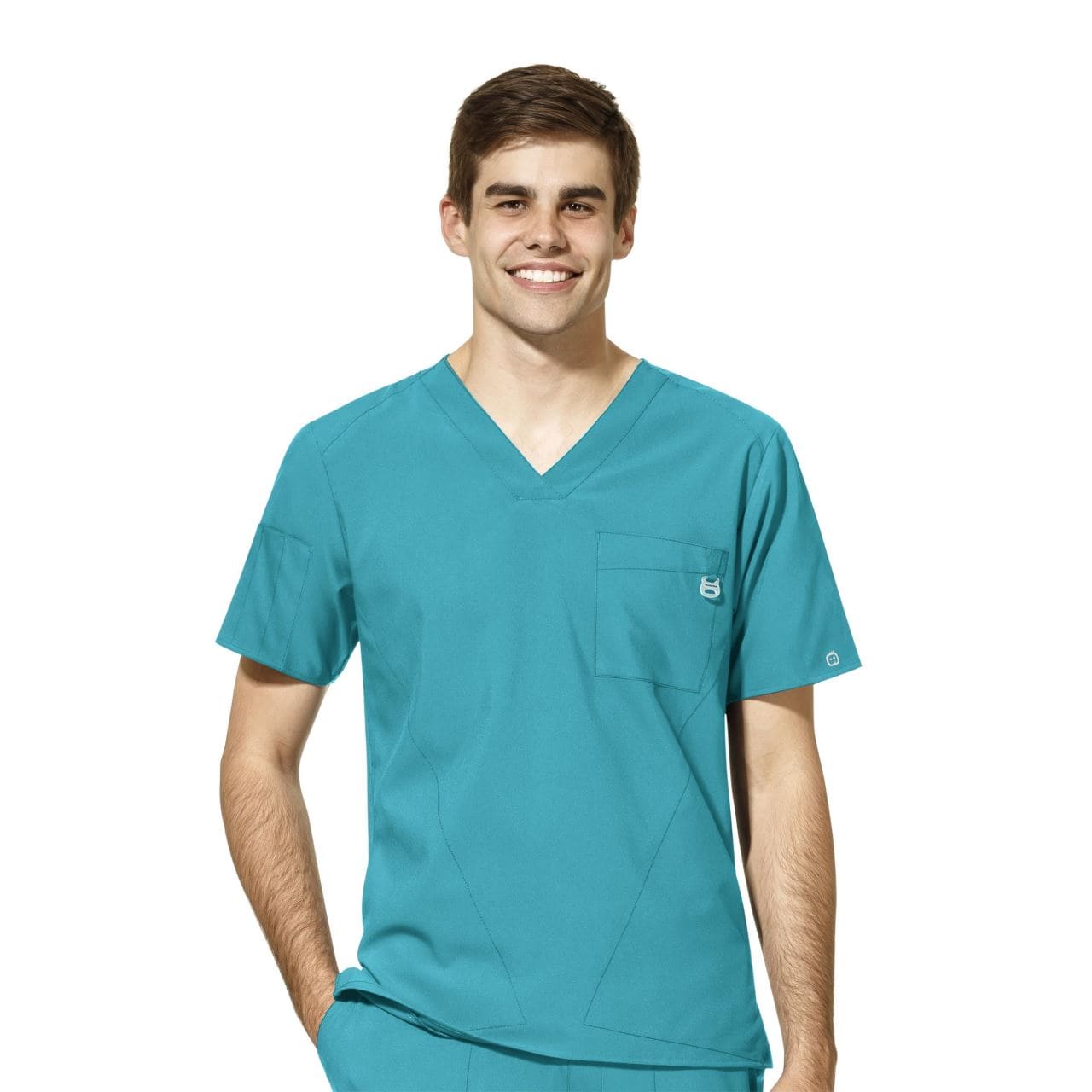 3. Brancardierul – bluza medicala albastra, maneca scurta, uniforma medicala, fundal alb