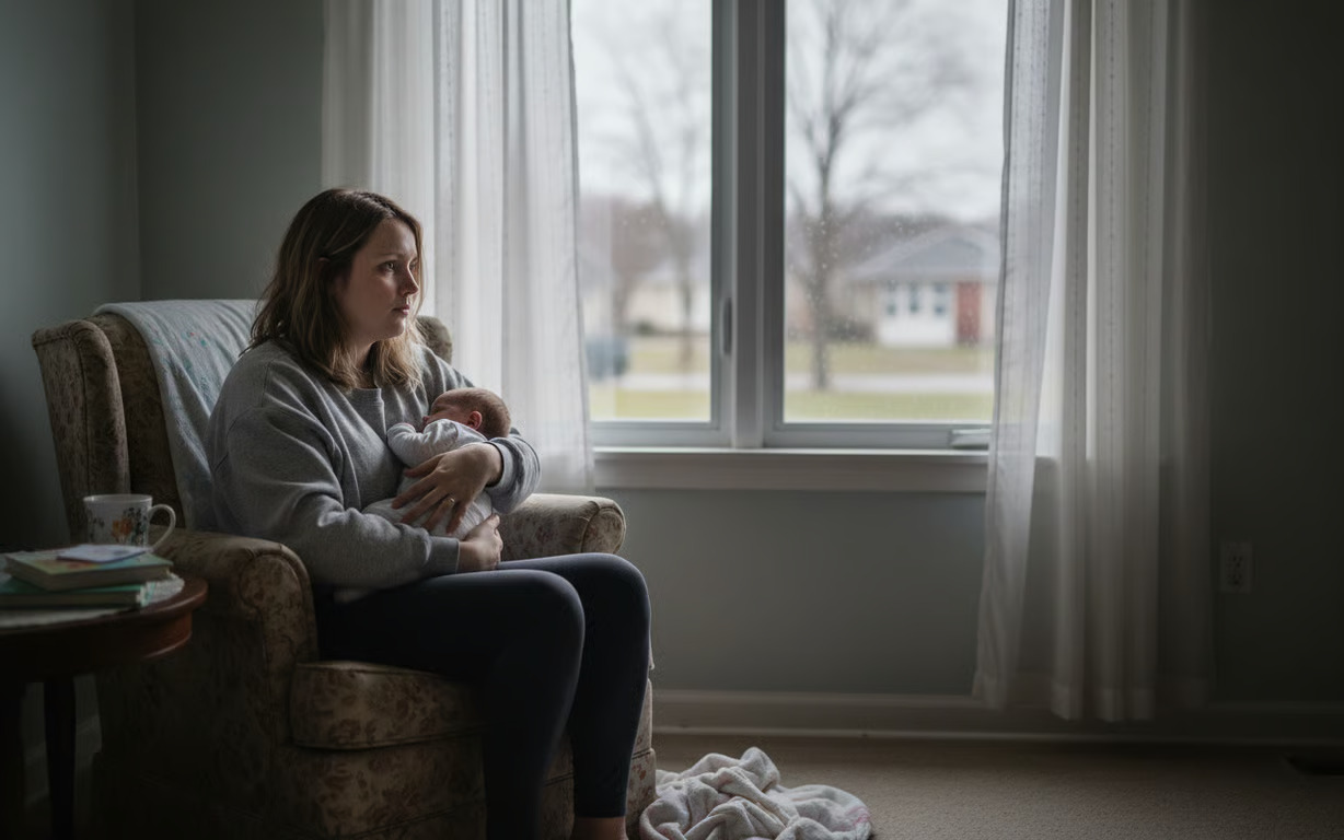 Depresia post-partum - mama care isi tine bebelusul la piept, pe un fotoliu langa fereastra