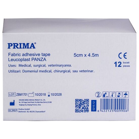 Leucoplast panza cu adeziv acrilic, 5cm x 4.5m, 12 bucati, hipoalergenic, pentru rani superficiale, medical, steril, PRIMA