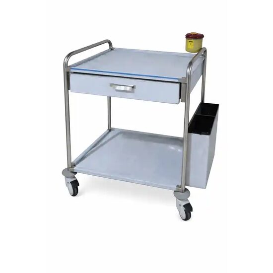 Masa instrumentar cu sertar TTAC 3315, otel inoxidabil, cu recipient detasabil, pe roti