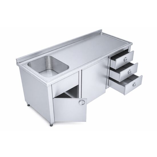 Chiuveta pentru spalare instrumentar TINI 4020, din inox, cu baterie, 4 sertare si usi glisante duble