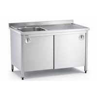 Chiuveta pentru spalare instrumentar cu dulap TINI 4040, din inox, cu doua cuve si usi glisante duble