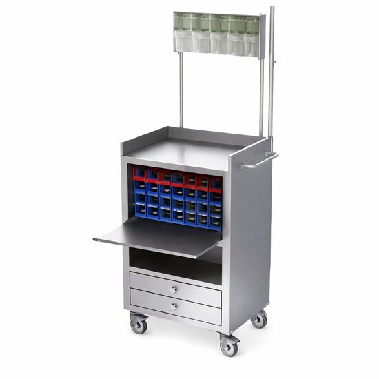 Carucior pentru anestezie, din inox, prevazut cu  sectiuni  pentru medicamente si suport perfuzie, TCDA 1500