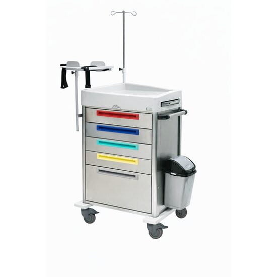 Carucior de urgenta, din inox, cu 5 sertare si inchidere centralizata, 55 x 77 x 110 cm, TCEC 1410