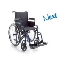 Scaun rulant cu roti de rezerva (carucior cu rotile) pliabil, din otel, buzunar pentru documente, cotiere scurte pliabile, suport picioare detasabil, reglabil, 150 kg
